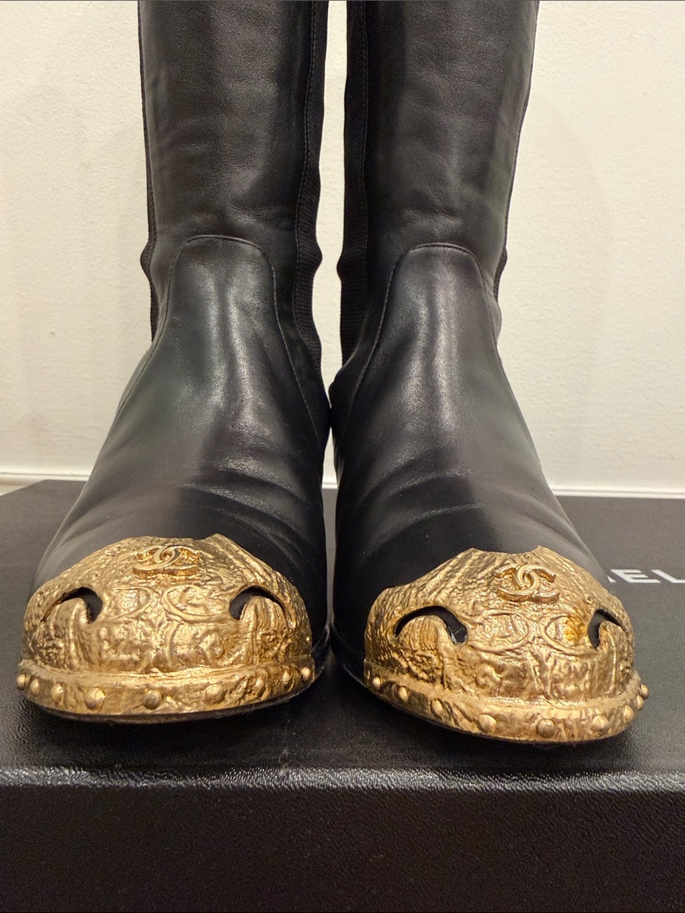 Chanel Runway Black Leather Knee High Boots Gold CC Cap Toe Western Hardware 37 - Picture 7 of 13